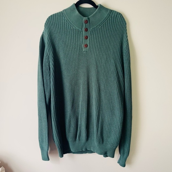 Mens L. L. Bean Green 1/4 Button Pullover Sweater Ribbed Cotton Sweater